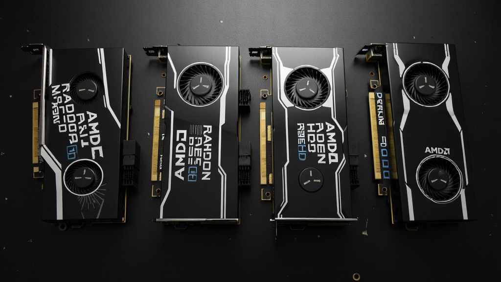 多块不同型号的AMD Radeon HD系列显卡并排展示在深色桌面上,每块显卡的散热器造型各异,接口金手指清晰可见,光线从上方打下形成金属质感,画面采用俯拍视角,布局整齐有序,科技产品摄影风格,细节锐利,画质高清,干净,无多余元素