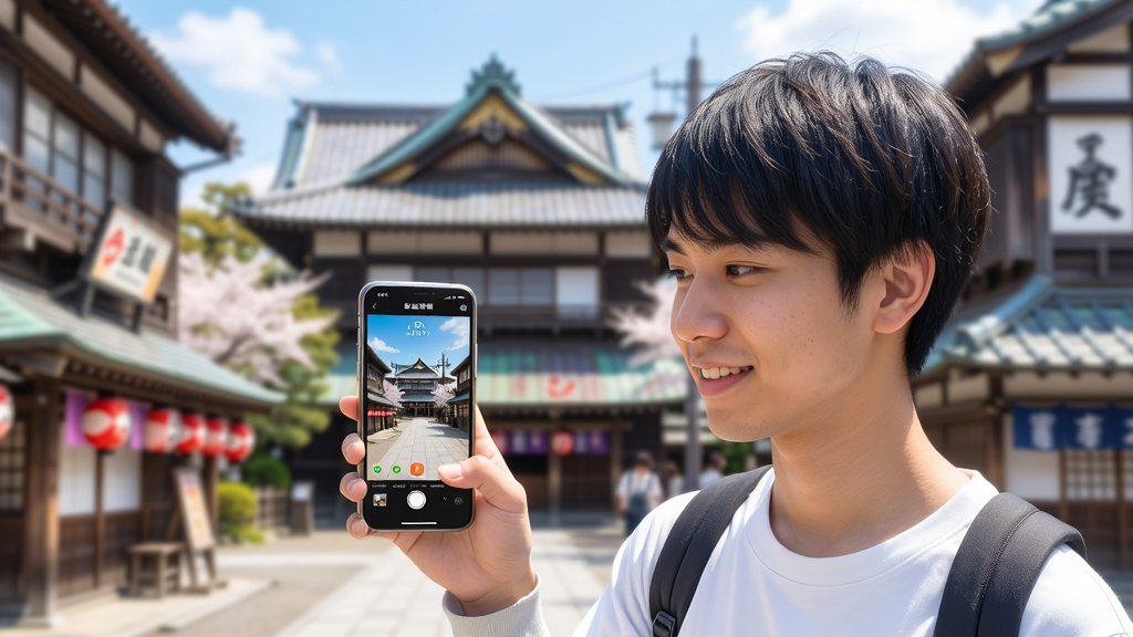 一个年轻人站在日本动漫取景地前,手持手机使用“圣地巡礼”应用进行实景对比,背景是熟悉的动画场景原型,画面明亮,风格写实,细节丰富,画质高清,干净,无多余元素