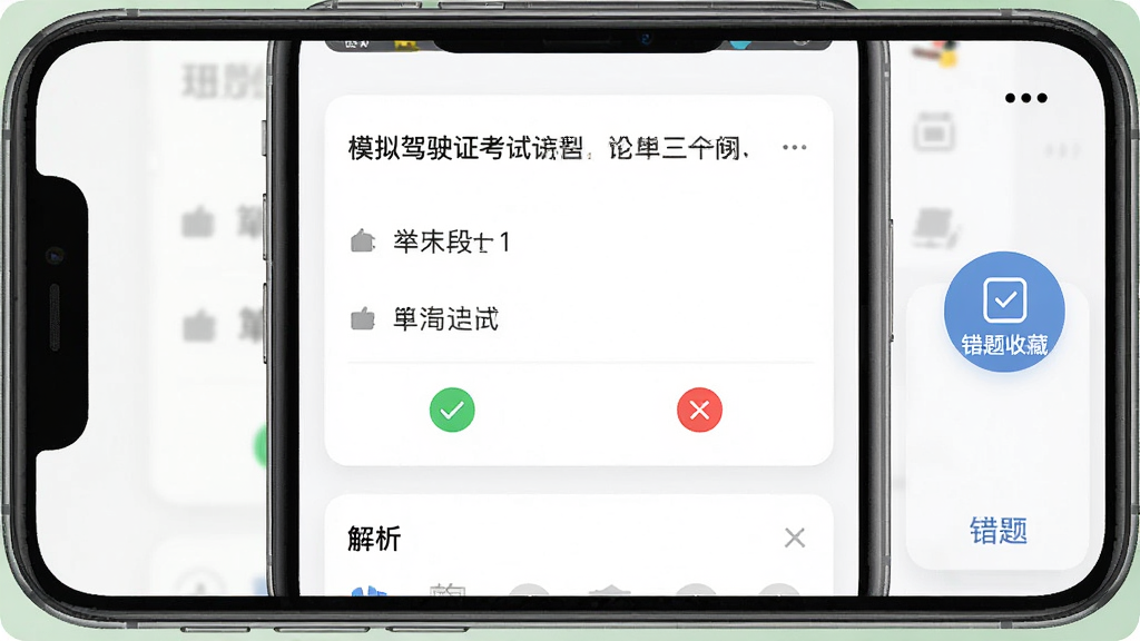 一张手机界面截图展示模拟驾驶证考试APP的题库练习页面,屏幕中央是一道科目一单选题,选项下方有绿色对勾和红色叉号标记,底部有解析区域,画面右侧有错题收藏按钮,整体风格为清爽的白色卡片式设计,画质高清干净,无多余装饰元素