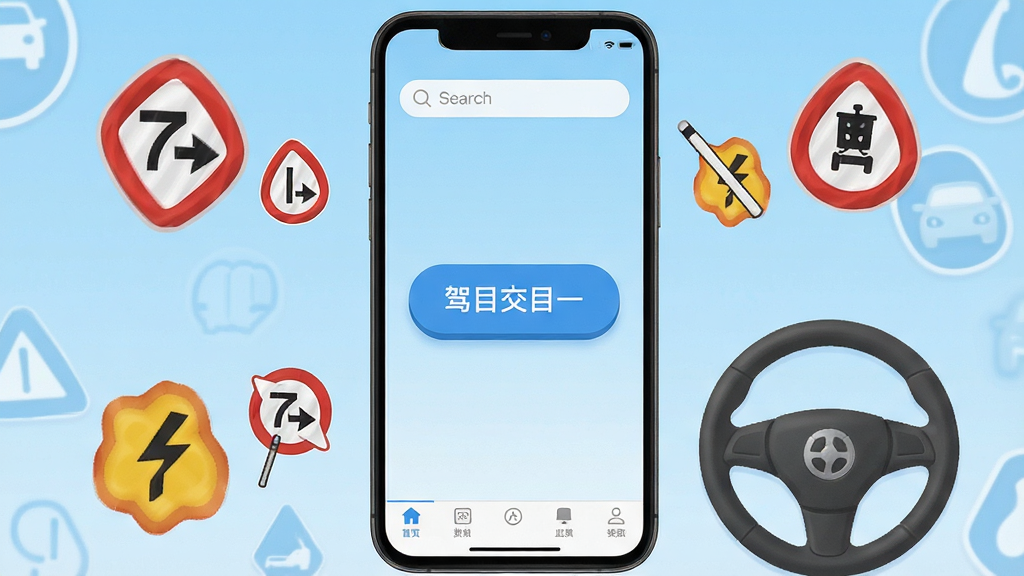 一张手机屏幕展示模拟驾驶证考试APP首页界面,画面中央是驾考科目一题库入口按钮,周围环绕交通标志图标和方向盘元素,背景为浅蓝色渐变,布局简洁清晰,风格为扁平化UI设计,细节包括顶部搜索栏和底部导航栏,画质高清干净无多余元素