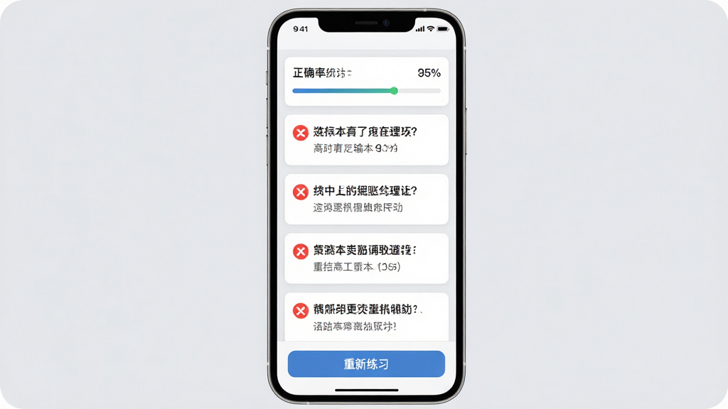 一张手机界面展示模拟驾驶证考试APP的错题本页面,屏幕中央列出多道错题卡片,每张卡片上有红色错误标记和题目摘要,顶部有正确率统计图表,底部有重新练习按钮,风格为浅灰色背景配白色卡片,画质高清干净,无多余元素