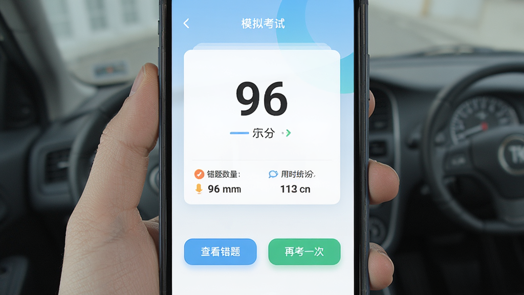 一张手机界面展示模拟驾驶证考试APP的模拟考试结果页面,屏幕中央显示分数为96分,下方有错题数量和用时统计,底部有查看错题和再考一次按钮,背景为淡蓝色渐变,风格为简洁卡片式设计,画质高清干净,无多余装饰