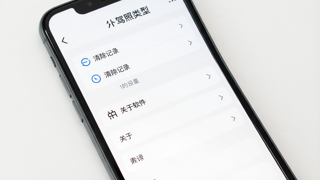 一张手机屏幕展示模拟驾驶证考试APP的设置页面,画面中有驾照类型选择、清除记录、关于软件等选项,背景为白色,风格为极简列表式设计,画质高清干净,无多余元素
