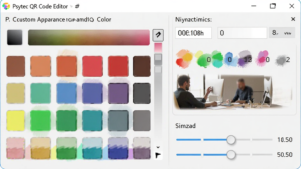 һ��չʾPsytec QR Code Editor�Զ�����۲�����ͼƬ������Ϊ��ɫѡ�����ͳߴ���ڻ��飬������λ�������Ҳ���壬�Ű���գ����Ϊʵ�ù��߷��ϸ�ڰ���ɫ�ʷḻ��ɫ�����ֵ��ʾ�������������ɾ����޶���Ԫ��