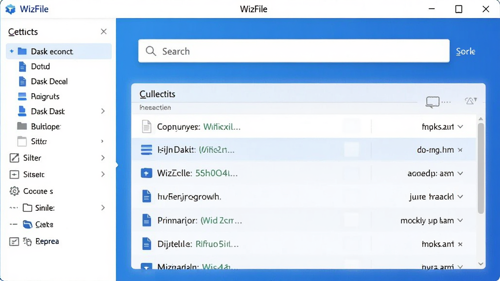 WizFile软件主界面截图,画面中央是简洁的搜索框,下方显示快速滚动的文件搜索结果列表,左侧有磁盘选择与筛选选项,整体布局干净清爽,蓝色与白色为主色调,突出极速搜索的科技感,画质清晰,无多余元素