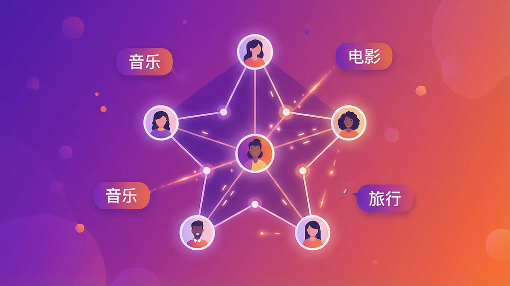 一幅展示OnlyYou智能匹配功能的插画。画面中心是一个发光的星形网络图,每个节点代表一个用户头像,节点之间有细线连接,表示匹配关系。布局为网络图居中,周围有漂浮的兴趣标签如“音乐”、“电影”、“旅行”。风格为现代扁平化科技插画,色彩以紫色和橙色渐变为主,充满活力。细节上,部分节点之间有高亮的光线闪烁,表示成功匹配。画质清晰,画面干净,无多余元素。