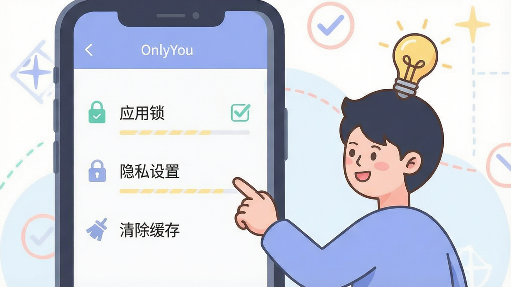 一幅展示OnlyYou使用技巧的插画。主体是一部手机,屏幕上显示着OnlyYou的设置界面,有“应用锁”、“隐私设置”、“清除缓存”等选项。手机旁边有一个卡通人物正在点击屏幕,人物头上有一个发光的灯泡,表示“小贴士”。布局为手机和人物并排。风格为扁平化卡通插画,色彩柔和。细节上,手机屏幕上有勾选标记和高亮线条。画质清晰,画面干净,无多余元素。