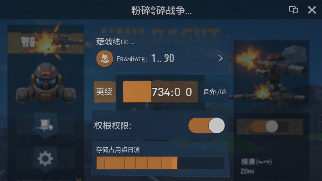 一张手机屏幕截图,展示沙盒模组粉碎战争的设置界面,画面中有画质选项、帧率显示、权限开关和存储占用条,背景是游戏主菜单,风格为扁平化UI设计,色彩以深蓝和橙色为主,细节包括按钮图标和文字,画质清晰,干净,无多余元素