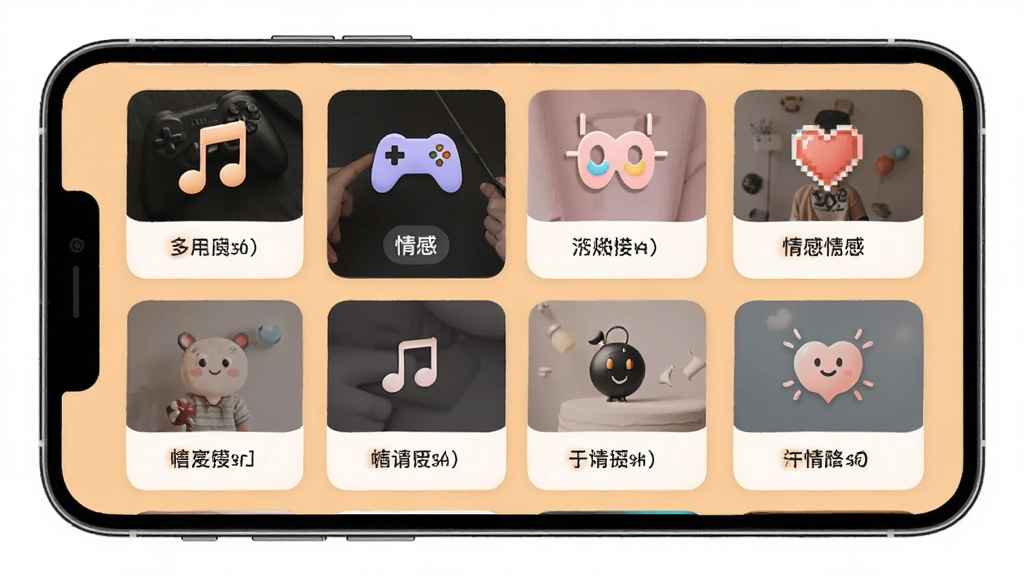 一张Ocha闪聊兴趣房间界面的展示图,画面为手机屏幕内显示多个主题房间卡片,卡片上有音乐、游戏、情感等图标和标签,背景是温馨的浅橙色,布局为网格排列,风格简约时尚,细节清晰展示房间分类,画质高清,干净,无多余元素