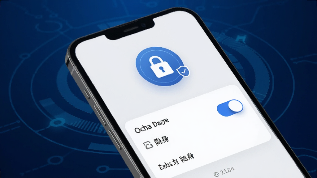 一张Ocha闪聊隐私安全功能的展示图,画面主体是手机屏幕显示隐私设置页面,有锁形图标和开关按钮,背景是深蓝色科技感渐变,布局简洁,风格稳重安全,细节突出加密和隐身选项,画质高清,干净,无多余元素