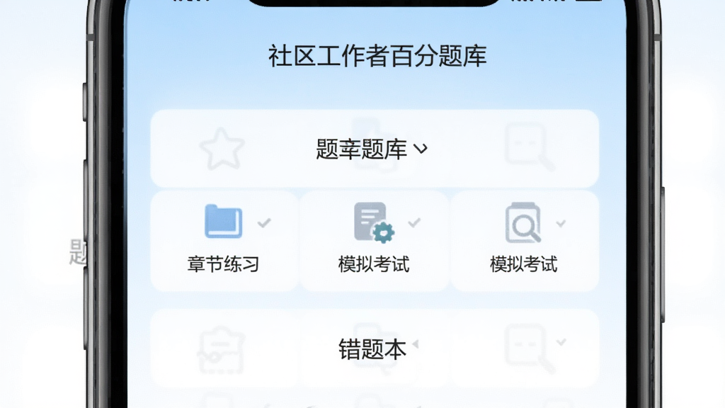 社区工作者百分题库软件主界面展示,手机屏幕中央显示题库分类列表,包含章节练习、模拟考试、错题本等入口,背景为淡蓝色渐变,整体风格简洁清爽,画质清晰干净,无多余元素