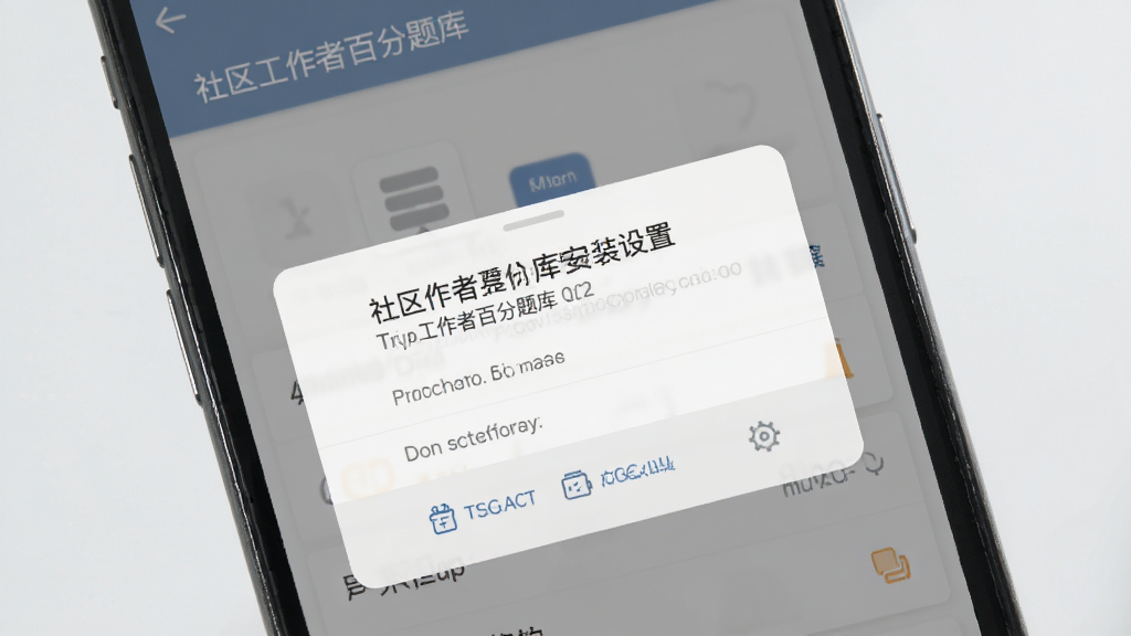 社区工作者百分题库安装设置界面,手机屏幕显示权限授权弹窗和存储选择选项,背景为浅灰色,风格简约商务,画面干净无杂乱元素,画质清晰