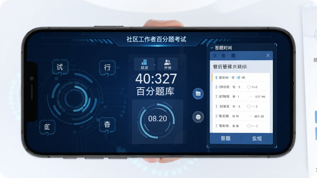 社区工作者百分题库模拟考试界面,手机屏幕显示考试倒计时和答题卡,背景为深蓝色科技感风格,画面简洁干净,文字清晰,无多余装饰