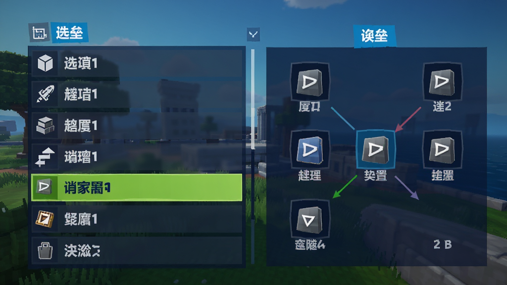 堡垒之夜新手操作界面示意图,主体为游戏设置菜单与建造快捷键面板,布局采用左右分栏,排版上左侧为选项列表、右侧为按键图示,风格为扁平化UI风格,细节包括中文标签、图标、高亮选中的选项,画质高清,干净,无多余元素