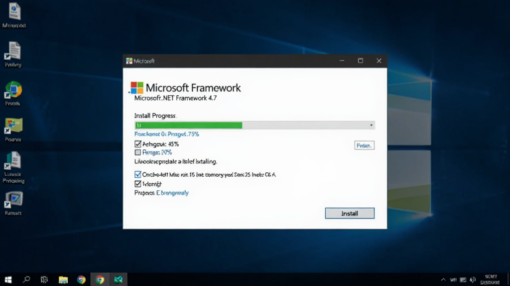 一张展示Microsoft .NET Framework 4.7软件全貌的图片,画面中央是软件安装界面截图,界面包含安装进度条与微软官方标志,背景为Windows系统桌面,布局采用居中构图,排版清晰简洁,风格为科技商务风,细节上体现安装按钮、许可协议勾选框、进度百分比等元素,画质高清干净,无多余元素