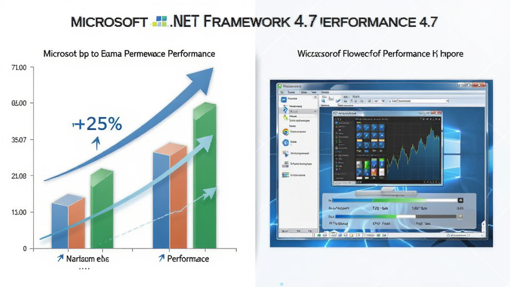 一张展示Microsoft .NET Framework 4.7性能提升的示意图,画面主体为性能对比柱状图与流畅运行的软件界面,布局采用左右分栏,左侧为性能数据图表,右侧为软件运行画面,排版清晰直观,风格为数据可视化商务风,细节上体现上升箭头、百分比数值、流畅进度条等元素,画质高清干净,无多余元素
