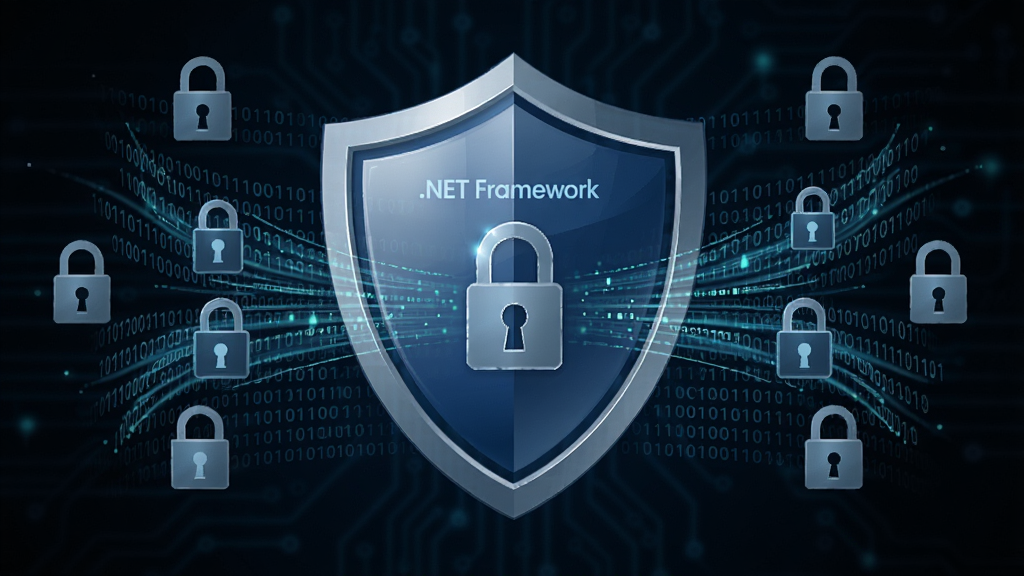 一张展示Microsoft .NET Framework 4.7安全防护能力的示意图,画面主体为盾牌图标与加密数据流,布局采用中心对称构图,盾牌位于画面中央,四周环绕二进制代码与锁形图标,排版稳重,风格为网络安全科技风,细节上体现盾牌光泽、数据流动态线条、锁扣细节,画质高清干净,无多余元素