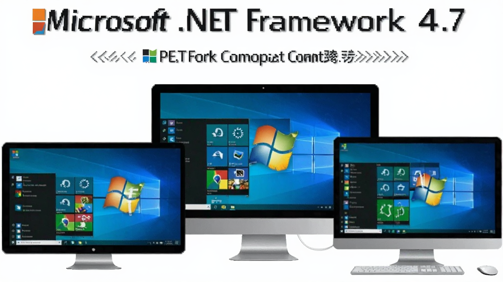 一张展示Microsoft .NET Framework 4.7跨平台兼容特性的示意图,画面主体为多台不同尺寸的电脑设备并排展示,每台设备屏幕中显示Windows不同版本的系统界面,布局采用横向排列,排版整齐有序,风格为扁平化科技风,细节上体现Windows 7、Windows 10等标志性界面元素与.NET Framework图标,画质清晰干净,无多余元素