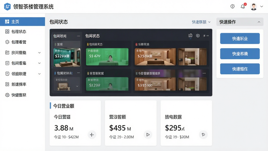 软件主界面干净整洁,左侧为功能导航栏,顶部显示“领智茶楼管理系统”字样,中间区域展示包间状态看板与今日营业额数据卡片,右侧为快捷操作按钮,整体布局清晰,风格简约商务,画质清晰,干净无多余元素