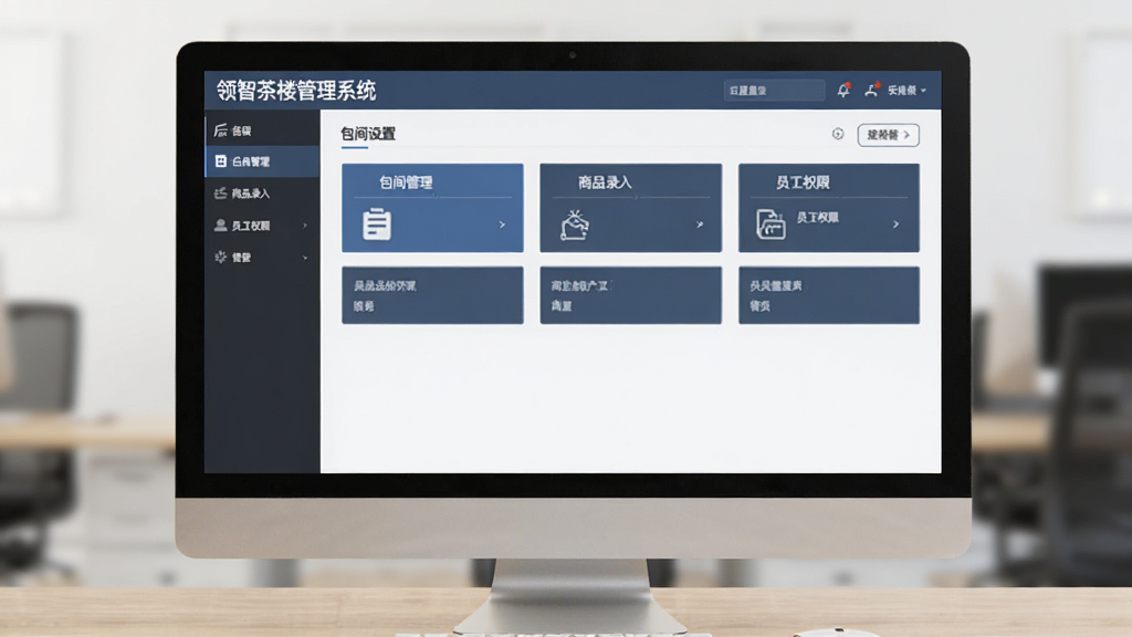 电脑屏幕上显示“领智茶楼管理系统”的后台设置界面,包含包间管理、商品录入、员工权限等选项,界面整洁,风格专业,画质清晰,干净无多余元素