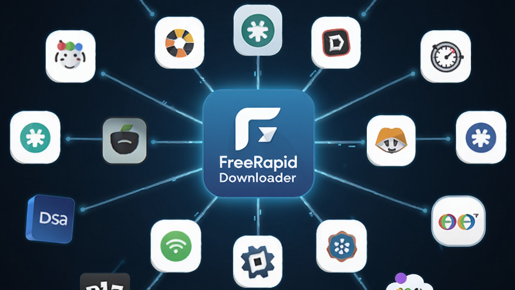 ������һ�ſƼ��еĸ���ͼ������������ FreeRapid Downloader ������ͼ�꣬ͼ����Χ�����Ŷ����ͬƽ̨�ķ����ʶ�����ֳʷ���״���У��Ű�ͻ������ͼ�꣬���Ϊ����ʸ���廭�磬ϸ����ÿ�������ʶͨ�����������������ͼ�����ӣ�����Ϊ����1080P������ɾ��޶���Ԫ��