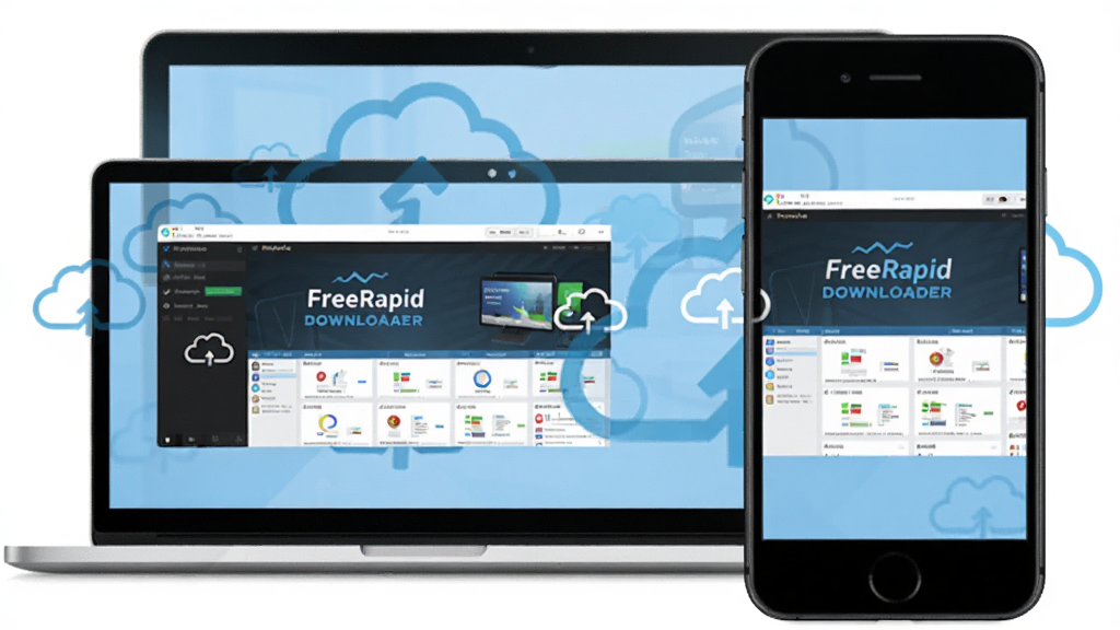 ������һ̨�ʼǱ����Ժ�һ�������ֻ����Űڷţ������豸��Ļ�϶���ʾ FreeRapid Downloader �Ľ��棬����Ϊ���ҶԳƣ��Ű��࣬���Ϊ��������磬ϸ�����豸��Χ�е�������ͬ��ͼ�꣬����Ϊ����1080P������ɾ��޶���Ԫ��