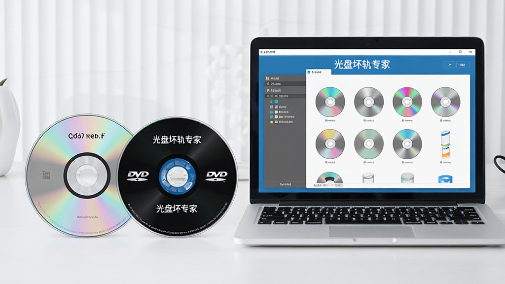 一张工作台上摆放着CD、DVD、蓝光光盘各一张,旁边有一台笔记本电脑屏幕显示