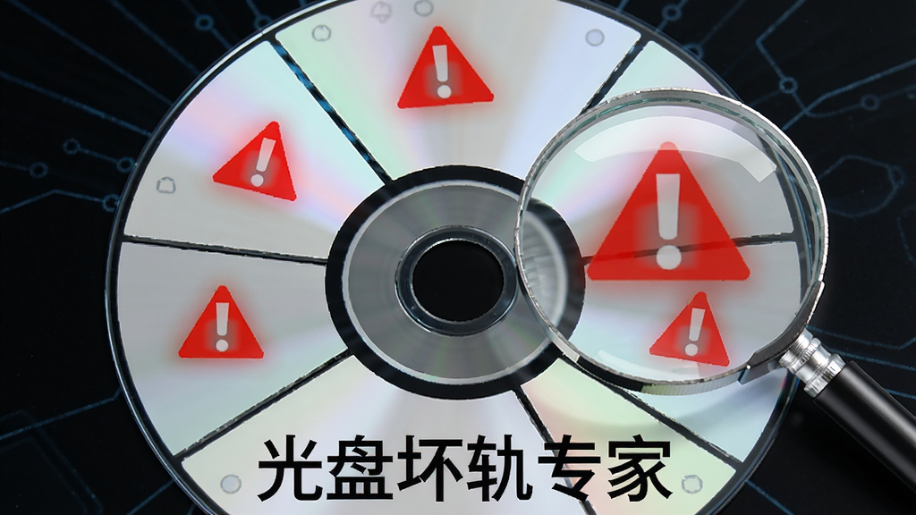 一张光盘表面被划分为多个扇区,部分扇区显示红色警告标记,旁边有放大镜查看细节,软件名称