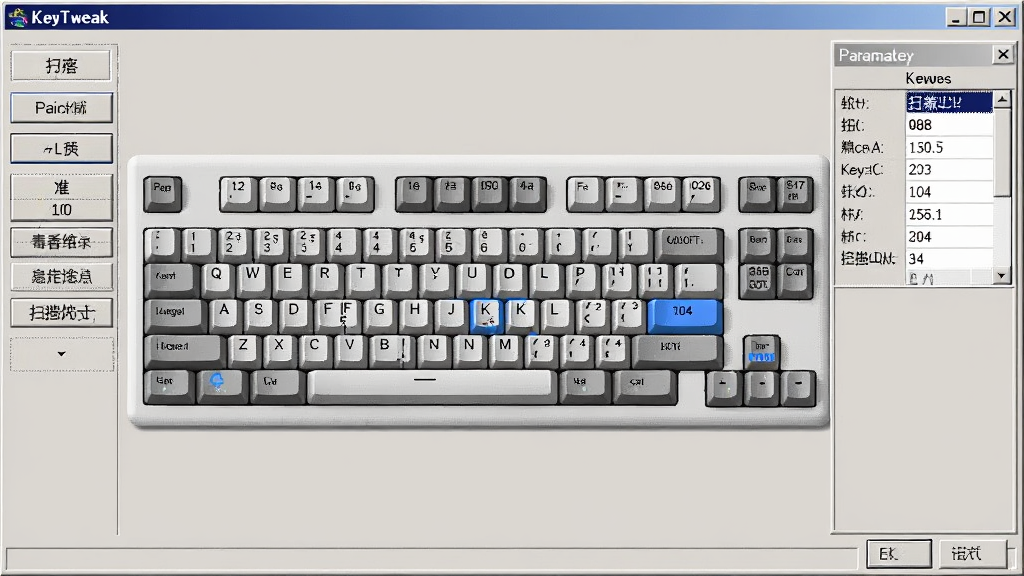 KeyTweak����������ȫòչʾ�����������Ǳ�׼104�����̲���ͼ��ÿ�������ϱ�ע�Ŷ�Ӧ��ɨ�������֣��������Ϊ���ܰ�ť�����Ҳ�Ϊ��ǰѡ�а�������ϸ������壬������þ���Windows���ڷ��ǳ��ɫ��������ɫ����ѡ�а���������ɾ����࣬���������ɶ�������ϸ�壬�޶���װ��Ԫ��