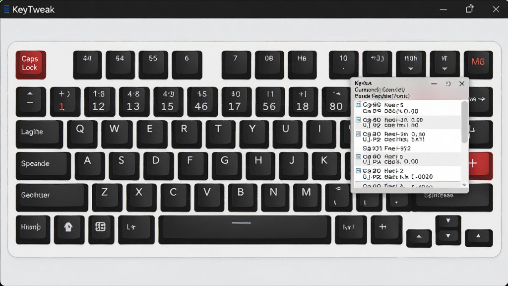 KeyTweak���ӻ����̲��ֽ�����д������չʾһ��������PC����ʾ��ͼ��ÿ������λ��׼ȷ��ע��Caps Lock����������ʾΪ��ɫ���Աߵ���һ��С������ʾ�ü���ǰ��ɨ����Ϳ��滻�����б�����������רҵ��ǳɫ��������ɫ���֣���������������������Ԫ��