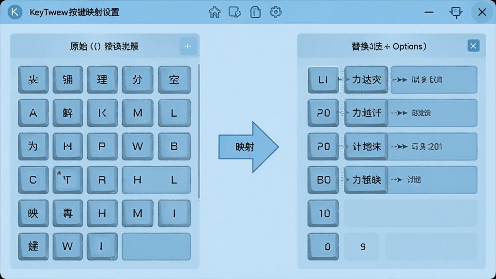 KeyTweak����ӳ�����ý��棬���������ʾԭʼ�����б����Ҳ���ʾ���滻��Ŀ�갴��ѡ��м���һ����ͷ��ʾӳ�䷽�򣬽������ǳ��ɫ�����������������ֹ��������ʾ�ϸ���޶���װ��
