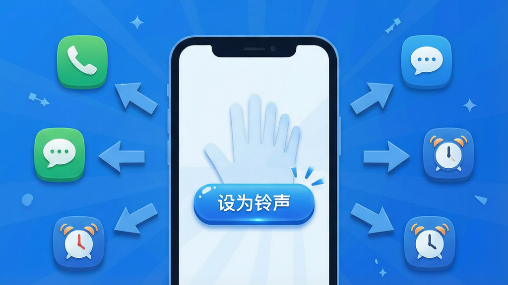 一张展示全民铃声宝库一键设置功能的图片,画面中央为一部手机,屏幕上显示“设为铃声”按钮被点击的动画效果,周围有箭头指向来电、短信、闹钟等图标,布局为放射状,排版直观,风格为科技感扁平插画,细节包括按钮高光、图标微立体、蓝色主色调,画质高清干净,无多余元素