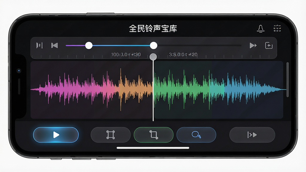 一张展示全民铃声宝库音频剪辑界面的图片,画面为手机横屏显示音频波形图,上方有剪辑滑块与时间轴,下方有播放、裁剪、淡入淡出等按钮,布局为上下结构,排版专业清晰,风格为深色科技风,细节包括彩色波形、发光按钮、半透明面板,画质高清干净,无多余元素
