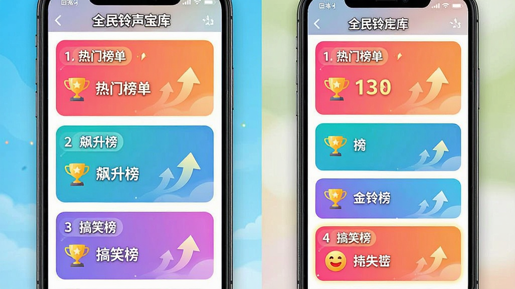 一张展示全民铃声宝库推荐与榜单界面的图片,画面为手机屏幕显示多个排行榜卡片,如“热门榜单”“飙升榜”“搞笑榜”,卡片内有序号与铃声名称,布局为纵向列表,排版整齐,风格为活力渐变色彩,细节包括奖杯图标、上升箭头、高亮排名数字,画质高清干净,无多余元素