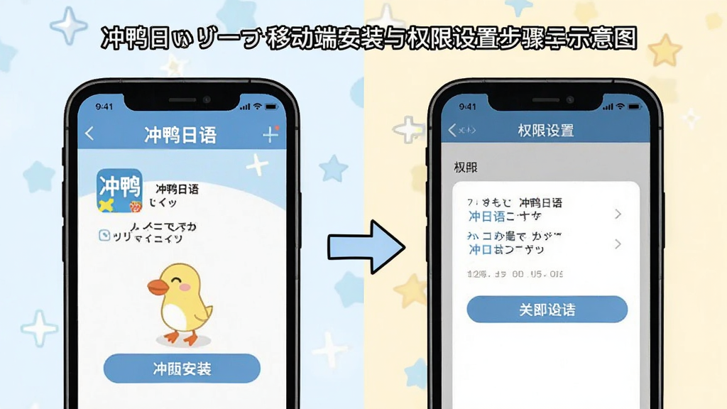 一张展示冲鸭日语移动端安装与权限设置步骤的示意图,画面为手机屏幕分屏展示,左侧为安装界面,右侧为权限设置页面,屏幕中有箭头指引操作顺序,布局为左右对比排版,风格为简洁教程类插画,细节上标注“冲鸭日语”名称和关键操作按钮,画质清晰,画面干净,无多余元素