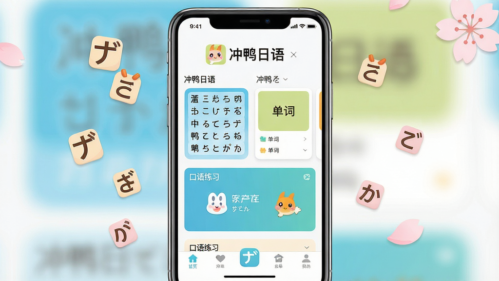 一张展示冲鸭日语软件主界面的手机应用预览图,画面中央是一部竖屏智能手机,屏幕内呈现冲鸭日语APP的首页布局,包含五十音图入口、单词卡片、口语练习模块和底部导航栏,手机周围点缀着日语假名漂浮元素和樱花花瓣,整体布局为居中构图,排版干净利落,风格为清新扁平化UI设计,细节上突出软件名称“冲鸭日语”字样和图标,画质高清,画面干净,无多余元素