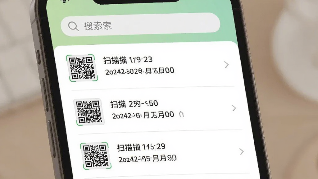 二维码万能扫码历史记录界面展示图,画面展示一部手机屏幕上的历史记录列表,每条记录左侧有二维码小图标,右侧显示扫描时间和内容摘要,顶部有搜索框,界面配色为白色与浅绿色搭配,风格清新简洁,画质细腻。
