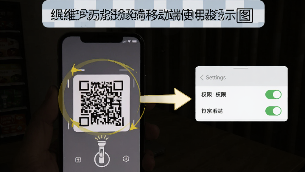 二维码万能扫码移动端使用技巧示意图,画面展示一部手机在光线较暗的环境中扫码,屏幕上的手电筒图标被高亮圈出,旁边有箭头指向设置菜单中的权限开关,整体风格为教程图解,配色清晰,画质干净。