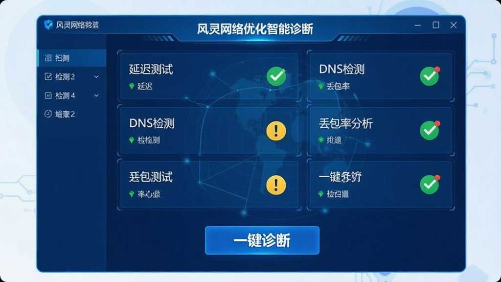 一张展示风灵网络优化智能诊断功能的图片,画面中软件界面正在扫描网络,屏幕上显示多个检测项目如延迟测试、DNS检测、丢包率分析等,每个项目旁边有绿色对勾或黄色感叹号标识,界面底部有一个“一键诊断”按钮,风格为科技蓝配色,布局清晰,画质干净,无多余元素