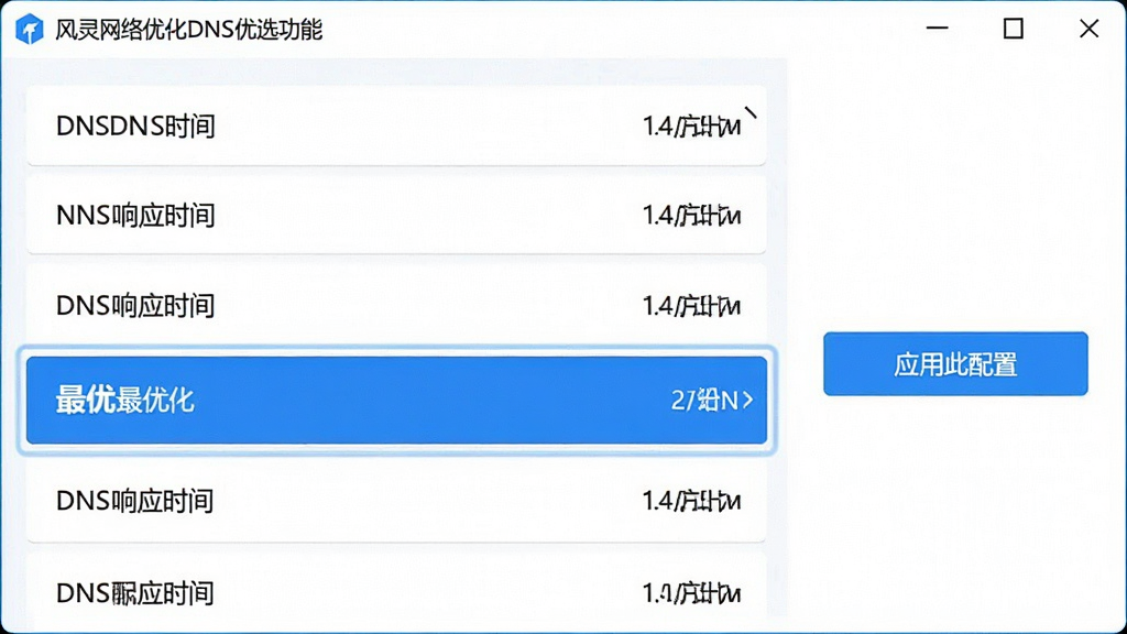 一张展示风灵网络优化DNS优选功能的图片,画面中软件界面列出多个DNS服务器选项,每个选项旁边显示响应时间数值,最优选项被高亮标注,界面右侧有“应用此配置”按钮,整体布局为列表形式,风格清爽简洁,配色为白底蓝字,画质清晰,无多余元素