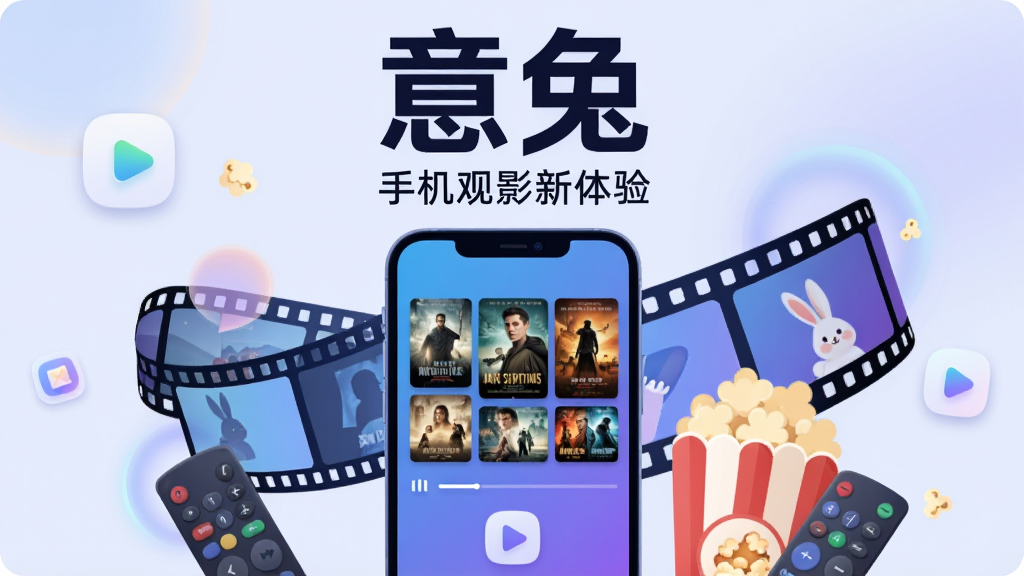画面中央展示一部智能手机,屏幕内呈现意兔视频播放界面,包含影视海报墙与播放按钮,手机周围环绕电影胶片、爆米花、遥控器等影视元素,整体布局为居中构图,上方用大号粗体字写“意兔”,下方用较小字体写“手机观影新体验”,风格为现代扁平化科技风,色彩以蓝紫渐变为主,细节包括圆角图标、柔和阴影与光晕效果,画质清晰干净,无多余杂乱元素