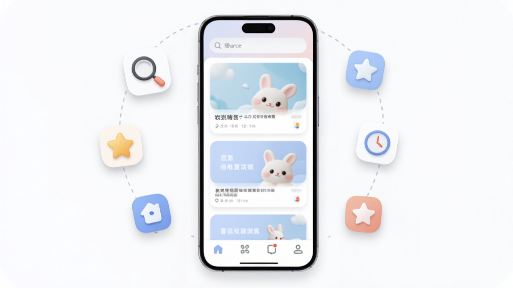 画面展示一部手机的正视图,屏幕内呈现意兔应用的首页界面,底部有四个导航图标,顶部有搜索框,中间为内容卡片流,手机旁边漂浮着放大镜、收藏星标、时钟等小图标,整体布局为手机居中、图标环绕,风格为清新简约的UI展示风,细节包括图标圆角、卡片阴影、配色柔和,画质干净清晰,无多余元素