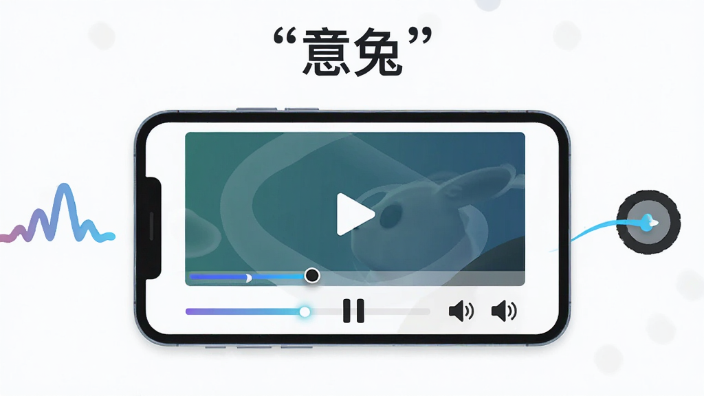 画面中心为一部横屏手机,屏幕显示正在播放的视频画面,画面下方有进度条、播放暂停按钮与音量图标,手机两侧有抽象的网速波动线条与缓冲圆圈元素,上方用引号标注“意兔”字样,整体布局为居中对称,风格为简洁扁平化UI展示风,细节包括按钮高光、进度条渐变色、线条流畅,画质清晰干净,无多余装饰