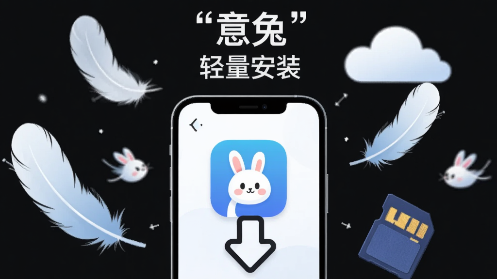 画面中央为一部手机与一个向下下载的箭头图标,手机屏幕显示意兔应用图标,周围有羽毛、云朵、存储卡等轻量元素,上方用引号标注“意兔”与“轻量安装”,整体布局为中心发散式,风格为轻盈简约的科技插画风,细节包括羽毛飘动感、云朵柔和边缘、存储卡纹理,画质清晰干净,无多余杂乱元素