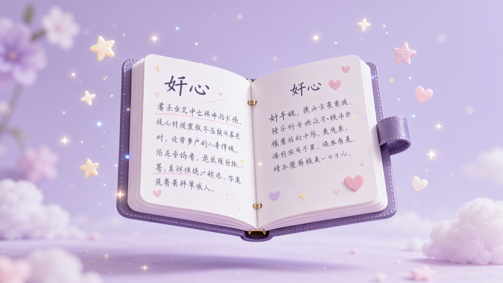 画面中央是一本展开的精致电子日记本,悬浮在柔和的浅紫色背景中,日记本页面上显示着“妤心”字样与几行手写体文字,周围散落着星星与爱心的光点装饰,风格梦幻唯美,排版居中对称,细节柔和,画质清晰,干净无杂物