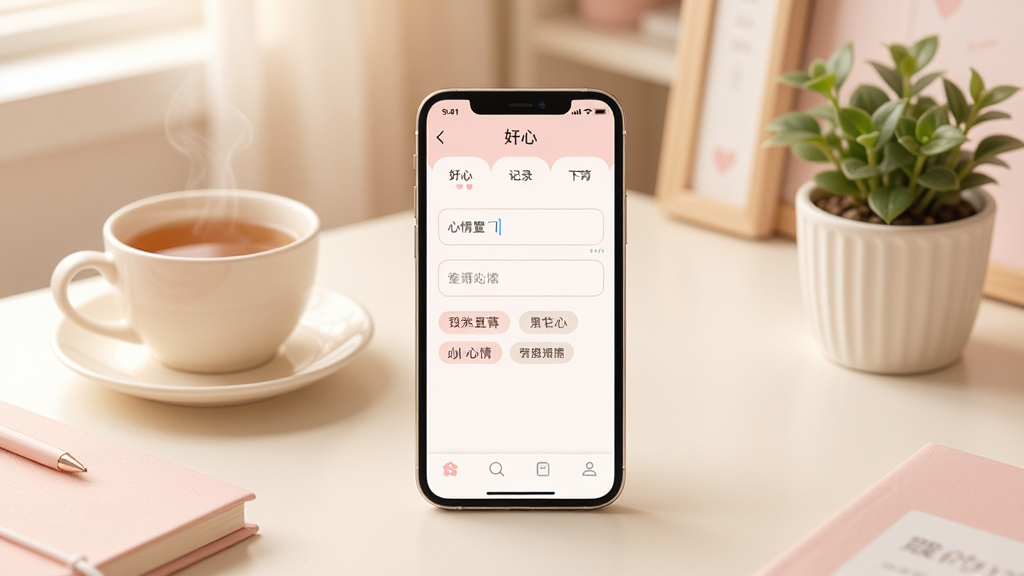 整体画面以柔和的淡粉与米白色为主色调,中央放置一部智能手机,手机屏幕显示“妤心”软件的记录界面,界面内有文字输入框与心情标签,背景是温馨的书桌一角,桌上有一杯热茶与一盆小绿植,光线柔和温暖,风格清新治愈,细节丰富,画质高清,干净整洁,无多余元素
