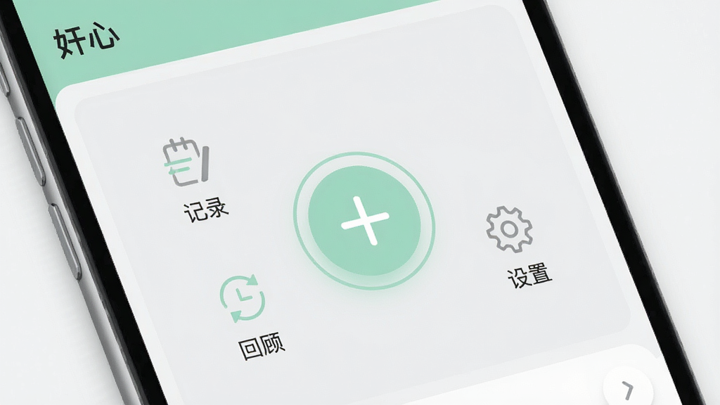 展示“妤心”软件的操作界面特写,画面采用浅灰色与薄荷绿搭配的极简风格,界面中央有一个醒目的圆形加号按钮,周围环绕着“记录”、“回顾”、“设置”三个简洁图标,布局疏朗,风格商务简约,画质细腻,背景干净