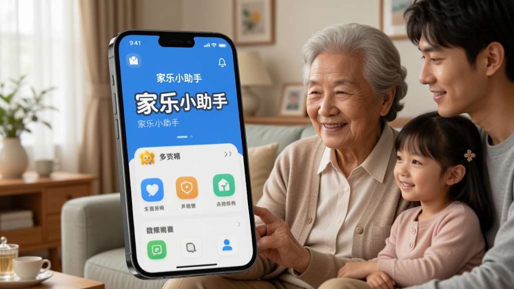 画面中央是一部大屏幕智能手机,屏幕上显示着“家乐小助手”的首页界面,界面采用超大字体和明亮图标,背景是温馨的家庭客厅,一位银发老人正微笑着注视手机屏幕,旁边有年轻子女陪伴,整体风格写实温暖,光线柔和,细节清晰,画质干净,无多余元素