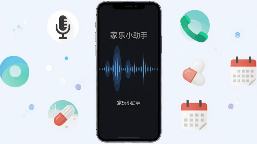 一部手机悬浮在浅蓝色背景中,屏幕内显示语音波纹和“家乐小助手”文字,周围环绕着麦克风、电话、药丸、日历等扁平化图标,风格简洁科技感,布局居中对称,画质清晰,无多余元素