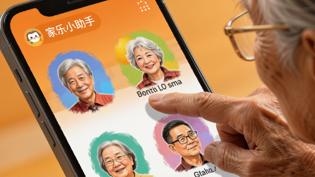 画面展示手机通讯录界面,每个联系人头像巨大且色彩鲜明,屏幕上方有“家乐小助手”标识,背景是暖橙色渐变,一位老人手指正点向其中一个头像,风格温馨写实,细节丰富,画质干净